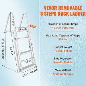 Dock Ladder 3 Step | 159kg Capacity Aluminum Pontoon Boat Ladder | Removable with Non-Slip Steps