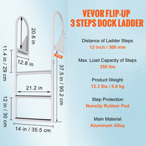 Dock Ladder Flip-Up 3 Step | 159kg Capacity Aluminum Pontoon Boat Ladder