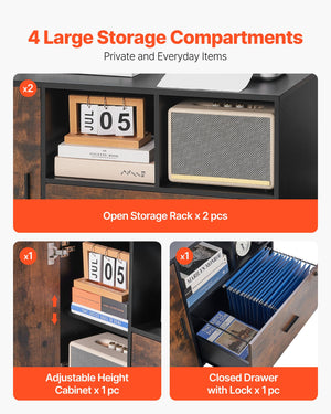 Lockable File Cabinet | Rustic Brown Mobile Wooden Office Storage