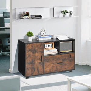 Lockable File Cabinet | Rustic Brown Mobile Wooden Office Storage
