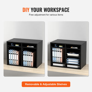 Wood Literature Organizer | Adjustable File Sorter with 12 Compartments | Black
