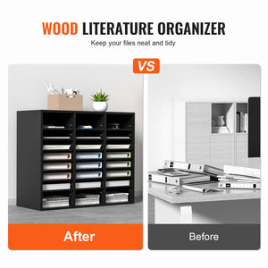 Wood Literature Organizer | Adjustable File Sorter | 24 Compartments | Black