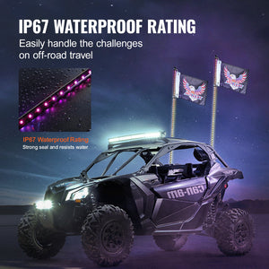 LED Whip Lights 2 Pack 3FT | APP & RF Remote Control | Waterproof RGB Chasing Whips with 4 Flags | For UTV, ATV, Off-Road & Trucks