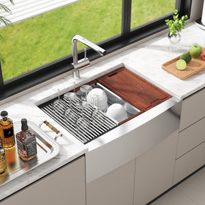 Farmhouse Kitchen Sink | 30" 304 Stainless Steel Drop-In with Ledge & Accessories | Top Mount Single Bowl Basin
