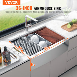 Farmhouse Kitchen Sink | 36" 304 Stainless Steel Drop-In with Ledge & Accessories | Top Mount Single Bowl Basin