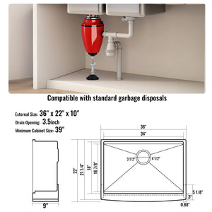 Farmhouse Kitchen Sink | 36" 304 Stainless Steel Drop-In with Ledge & Accessories | Top Mount Single Bowl Basin