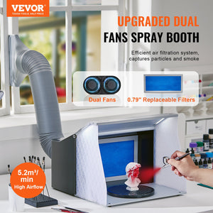 Portable Airbrush Spray Booth | Hobby Paint Booth Kit with 4 LED Lights | Dual Fans, Turntable & Extension Hose for Model & Craft Painting