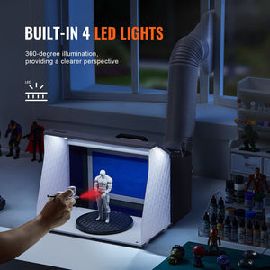 Portable Airbrush Spray Booth | Hobby Paint Booth Kit with 4 LED Lights | Dual Fans, Turntable & Extension Hose for Model & Craft Painting