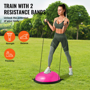 Half Exercise Ball Trainer 26 Inch | 1500lbs Capacity Balance Ball with Resistance Bands & Foot Pump | Strength Training & Yoga Fitness Ball | Pink