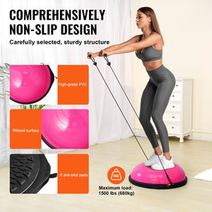 Half Exercise Ball Trainer 26 Inch | 1500lbs Capacity Balance Ball with Resistance Bands & Foot Pump | Strength Training & Yoga Fitness Ball | Pink