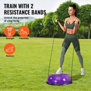 Half Exercise Ball Trainer 23 Inch | Stability Balance Trainer with Resistance Bands & Pump | 660lbs Capacity | Purple