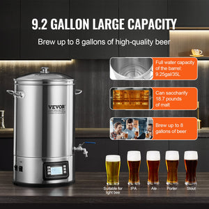Electric Brewing System 8 Gallon | All-in-One Home Beer Brewer with Glass Lid & Spigot