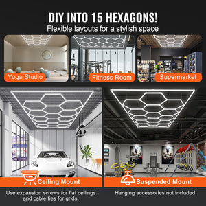 Hexagon Garage Lights | 66,300LM 15-Grid Honeycomb LED Shop Ceiling Fixture