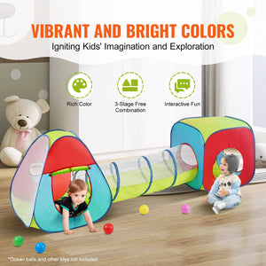 Kids Play Tent | 3-in-1 Tunnel & Playhouse | Indoor/Outdoor Red Yellow Blue Pop-Up Set with Carry Bag