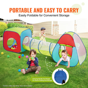 Kids Play Tent | 3-in-1 Tunnel & Playhouse | Indoor/Outdoor Red Yellow Blue Pop-Up Set with Carry Bag
