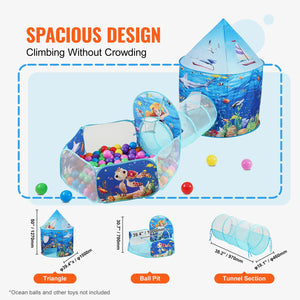 Kids Play Tent | 3-in-1 Tunnel & Playhouse with Basketball Hoop | Ocean Theme Indoor/Outdoor Set