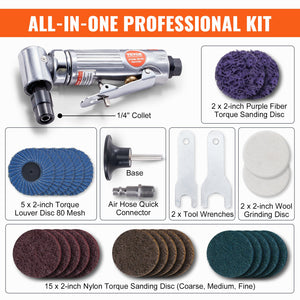 Air Angle Die Grinder 1/4" | Right Angle 90° Pneumatic Grinder | 20000RPM | Includes 24 Grinding & Polishing Discs