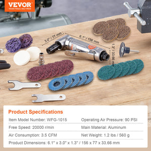 Air Angle Die Grinder 1/4" | Right Angle 90° Pneumatic Grinder | 20000RPM | Includes 24 Grinding & Polishing Discs