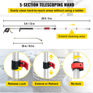 Telescoping Pressure Washer Wand 20FT | 5-Section Adjustable Length | Max 4000 PSI | 3/8" Quick Connection | Includes 5 Nozzles & Belt | For Roof, Fence & Gutter Cleaning | Silver