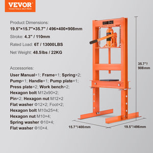 Hydraulic Shop Press | 6-Ton H-Frame Benchtop Press with Plates