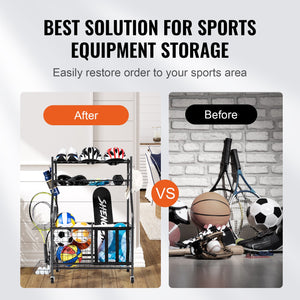 Sports Equipment Organizer | Rolling Ball Storage Rack with Baskets & Hooks | Indoor/Outdoor Steel Cart