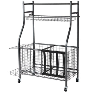Sports Equipment Organizer | Rolling Ball Storage Rack with Baskets & Hooks | Indoor/Outdoor Steel Cart