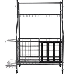 Sports Equipment Organizer | Rolling Ball Storage Rack with Baskets & Hooks | Indoor/Outdoor Steel Cart