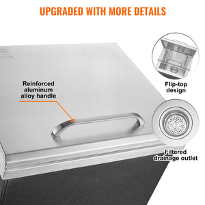 Drop-In Ice Chest 14"x12"x18" | Stainless Steel 40qt Outdoor Kitchen Ice Bin with Hinged Cover & Drain