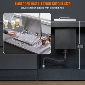 Drop-In Ice Chest 14"x12"x18" | Stainless Steel 40qt Outdoor Kitchen Ice Bin with Hinged Cover & Drain