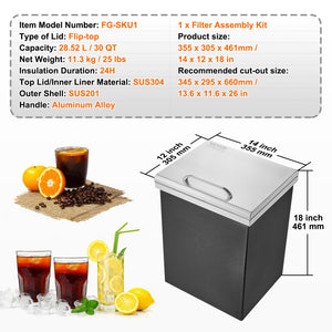Drop-In Ice Chest 14"x12"x18" | Stainless Steel 40qt Outdoor Kitchen Ice Bin with Hinged Cover & Drain
