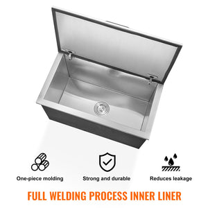 Drop-In Ice Chest 24"x20"x15" | Stainless Steel 40qt Cooler Bin with Hinged Lid & Drain