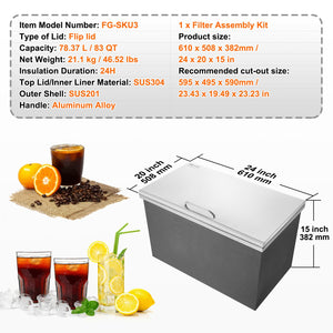 Drop-In Ice Chest 24"x20"x15" | Stainless Steel 40qt Cooler Bin with Hinged Lid & Drain