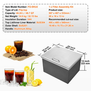 Drop-In Ice Chest 20"x16"x13" | Stainless Steel 40qt Outdoor Kitchen Ice Bin with Hinged Cover & Drain