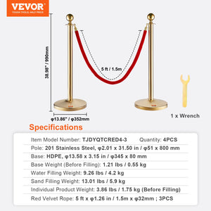 Crowd Control Stanchions 4 Pack | Stainless Steel Posts with 3 x 5FT Red Velvet Ropes | Queue Barriers for Weddings, Museums & Events