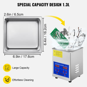 Ultrasonic Cleaner 1.3L | Heated Parts Cleaning Machine with Timer