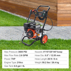 Gas Pressure Washer | 3600 PSI 2.6 GPM 210cc 5 Nozzle Gas-Powered Washer