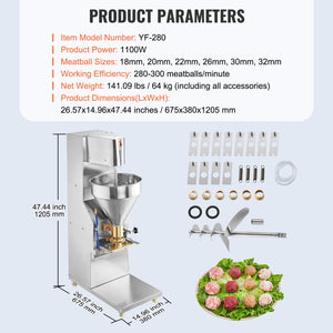 Commercial Meatball Forming Machine 1100W | 280pcs/min | Multiple Size Molds | Stainless Steel