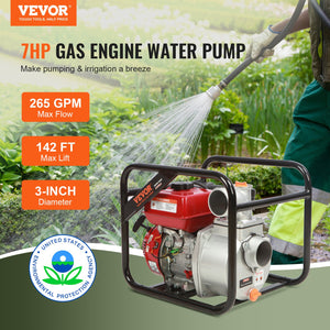 Gasoline Engine Water Pump 80mm | 7HP 265 GPM | 43m Lift | 4-Stroke with Hose Kit | EPA Certified