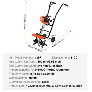 Tiller Cultivator | 38CC 4-Stroke Gas Powered | Front Tines for Garden & Lawn Soil