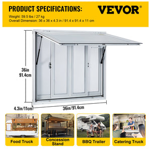 Concession Window 91.4x91.4cm | Aluminium Alloy Serving Hatch with 4 Sliding Screens & Awning Door | For Food Trucks & Trailers