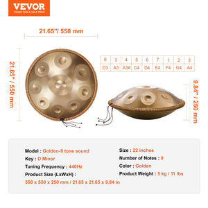 Handpan Drum | 22" 9-Note D Minor Steel Tongue Drum with Mallets