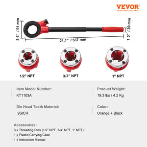 Ratchet Pipe Threader Kit | 1/2", 3/4", 1" NPT Dies | Manual Threading Tool Set with Storage Case | For Galvanised, Aluminium, Iron & Copper Pipes