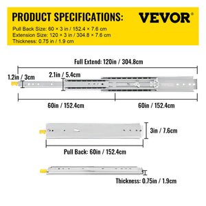 Drawer Slides with Lock 60" | Heavy Duty 500 lbs Capacity | Full Extension Ball Bearing