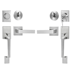 Double Door Handle Set Satin Nickel | Heavy Duty Square Lever with Dummy & Lock Set | Reversible Handle for Front Door or Office Entry