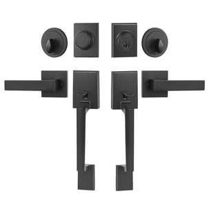 Double Door Handle Set Matte Black | Heavy Duty Square Lever with Dummy & Lock Set | Reversible Handle for Front Door or Office Entry