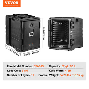 Insulated Food Pan Carrier 82Qt | LLDPE Front Loading Hot Box with Double Buckles & Handles | Stackable End Loader for Catering & Restaurants | Black