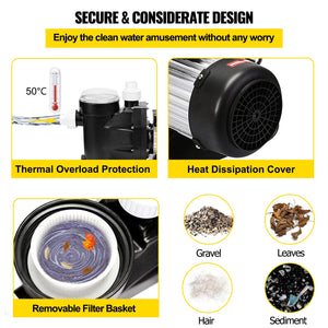 Swimming Pool Filter Pump | 2.5HP 1850W Single-Speed 148GPM | Above Ground & Spa Circulation System