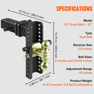 Adjustable Trailer Hitch | 25cm Drop & 21.59cm Rise | 6.35cm Receiver | 6577kg GTW | Tow Balls & Lock