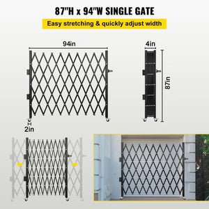 Single Folding Security Gate 85"H x 95"W | Steel Accordion Expandable Door with Padlock | Rolling Barricade for Commercial Security