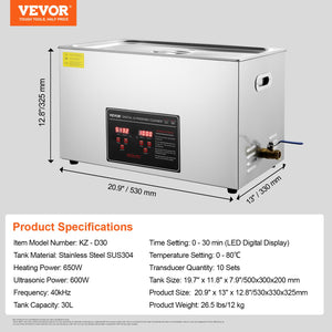 Ultrasonic Cleaner | 30L Stainless Steel Professional Heated Jewelry Cleaner with Timer